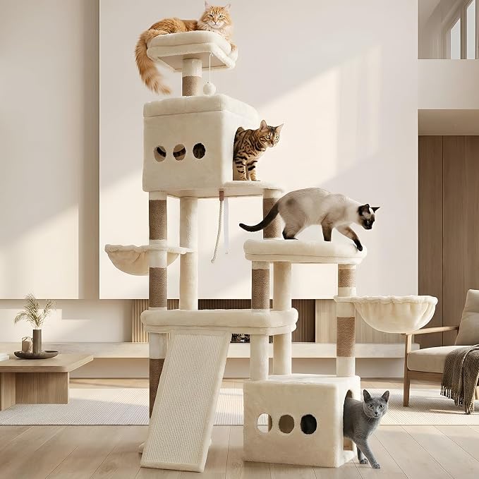 Heybly Cat Tree 72.4-Inch Anti-Tip Cat Tower with Spacious Perches HCT060MJ | All-in-One Cat Furniture for Large Cats, Multiple Interactive Areas, Extra-Large Sisal Scratching Board, Beige