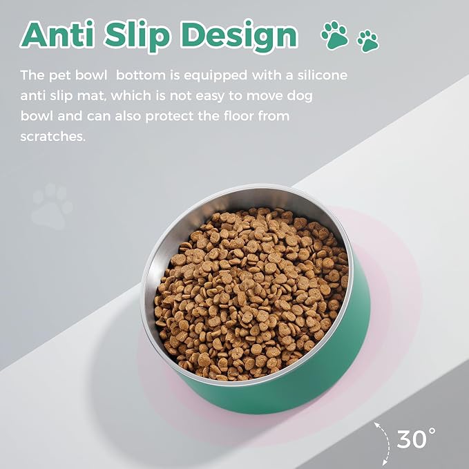 WENBOKMIN Dog Bowl, Stainless Steel Dog Food and Water Bowl with Non Slip Quiet Bottom, Easy to Clean, Dishwasher Safe, 40oz, Deep Green