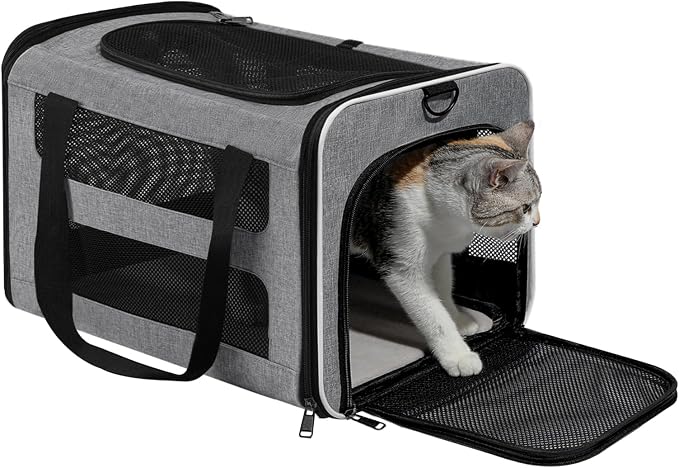 Cat Carrier Soft-Sided Travel Bag for Medium to Large Cats Over 15lbs, Small Dog Carrier Crate Top Entry Breathable Mesh Puppy 12 Pounds, Pet Rabbit Carrying Cage Kennel Collapsible Grey