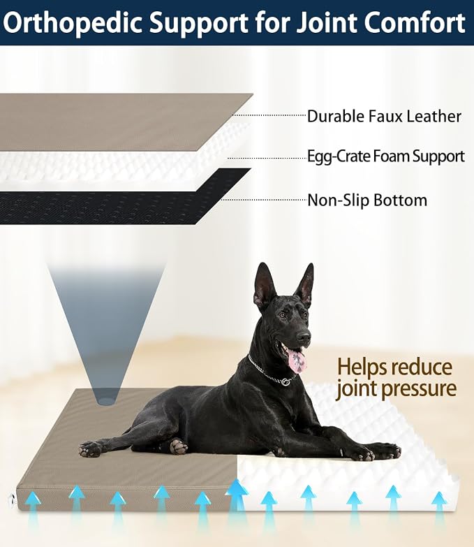 Waterproof Dog Bed for Crate Pad, Leather Brown Hair Resistant Dog Beds with Wipeable Covers, Easy Clean Large Mattress Pet Mat