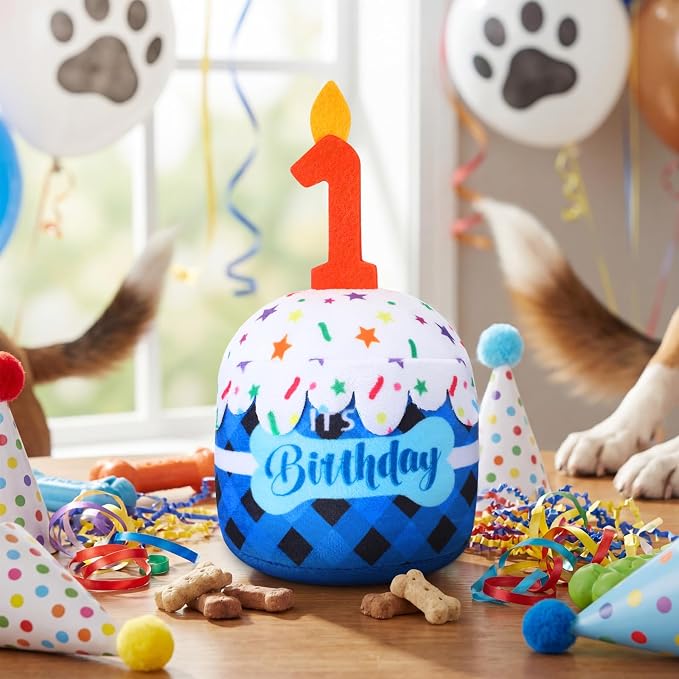 Dansydaisy Dog Birthday Cake Toy Squeaky Plush Toy for Girl Boy Gifts, Chew Accessories for Dog Birthday Party Decor Favor for Large, Medium and Small Dogs(1st,Blue Grid)
