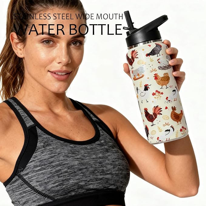 32oz Chicken Stainless Insulated Aater Water Bottle with Straw Gym Hiking Sports Coffee Mug Cup Water Bottles,Chicken Gifts for Women,Chicken Decor Stuff Accessories