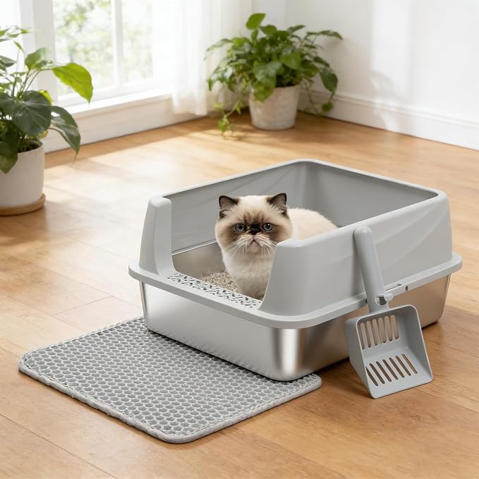 Stainless Steel Litter Box with Lid, Metal Litter Box No Odors,Cat LitterBox for Small to Medium Cats, Non Stick, Easy Cleaning