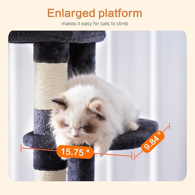 Heybly Cat Tree for Large Cats, 20lbs Heavy Duty, 60 inches HCT050G | Cat Tower for Indoor Cats with Big Padded Plush Perch, Multi-Level Furniture Condo with Cozy Basket, Smoky Gray