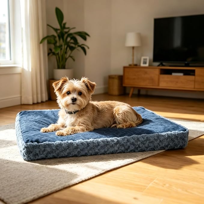 EMPSIGN Dog Bed Mat Crate Pad Mattress, Ultra Soft Pet Kennel, Navy, Small | Reversible(Cool & Warm), Waterproof Linings, Removable Machine Washable Cover, for 24" Dog Crate, Soft Rose Plush/Canvas