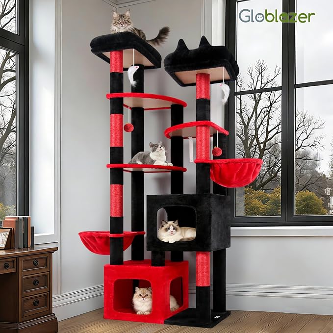 Globlazer S74E Pro Gothic Heavy Duty Maine Coon Cat Tree for Large Cats | 74in Sturdy Multi-Level Tall Cat Tree Tower for Indoor Adult Cats with Scratching Posts, 2 Cat Condos, 2 Top Perches