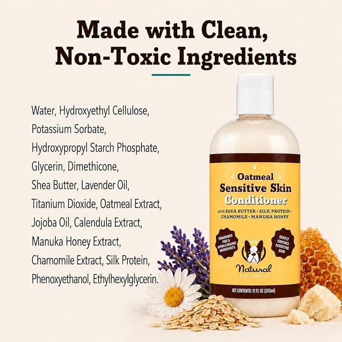 Natural Dog Company Sensitive Skin Dog Conditioner – Oatmeal Moisturizing for Sensitive & Itchy Skin, Detangling Grooming Formula for Long Haired Dogs, with Manuka Honey & Chamimile, 12 oz