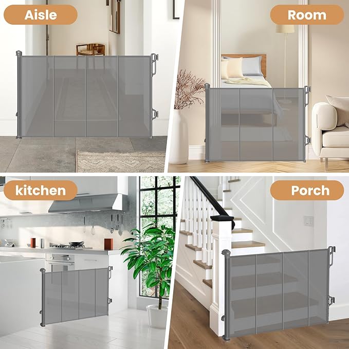 SPACEANY Reinforced Retractable Baby Gate, Mesh Dog Gate, Child Safety Gate for Doorways, Stairs, Hallways, Indoor/Outdoor, Wide Openings -33.5" Tall, Width up to 55" Gray