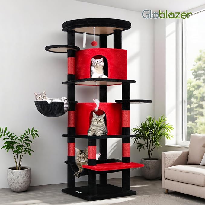 Globlazer 66in Gothic Corner Cat Tree for Indoor Large Cats, C66, Black Red | Space-Saving Stable Goth Cat Tower with 6 Scratching Posts, 2 Large Fan-shaped Condos & Top Perch, Hammock, Climbing Steps