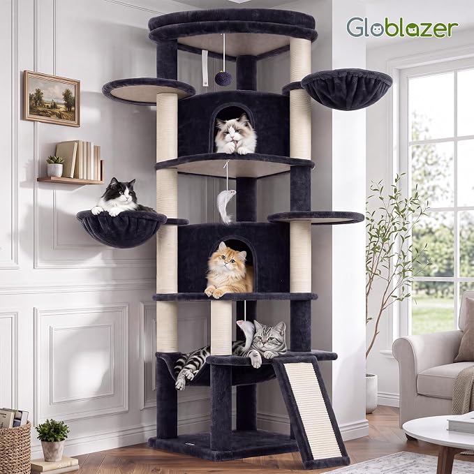 Globlazer 73in Corner Stable Cat Tree for Indoor Cats, C73, Dark Grey | Space-Saving Multi-Level Climbing Tower, Large Fan-Shaped Condos & Top Perch, 8 Full-Sisal Posts & Board, Metal Baskets