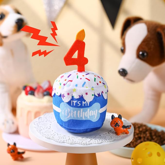 Dansydaisy Dog Birthday Cake Toy Squeaky Plush Toy for Girl Boy Gifts, Chew Accessories for Dog Birthday Party Decor Favor for Large, Medium and Small Dogs(4th,Blue)