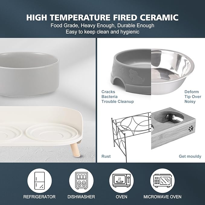 Raised Cat Food and Water Bowl Set - Elevated Ceramic Dishes with Non-Slip Stand and Splash Guard for Small Dogs - 2 x 320 ML (4.9 OZ) - Grey