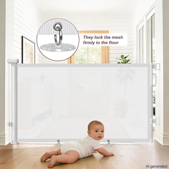 Retractable Baby Gates for Doorways, 58" Extra Wide Mesh Child Dog Gate for Stairs, 34" Tall Toddler Pet Gate Indoor and Outdoor, Easy Install, Home Necessity, White