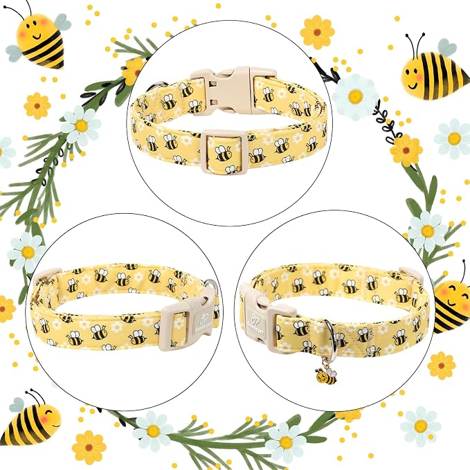 Bee & Daisy Dog Collar for Small Dogs - Spring/Summer Cartoon Yellow Dog Collars, Lightweight Adjustable Male Female Dogs Collars with Quick Release Buckle S