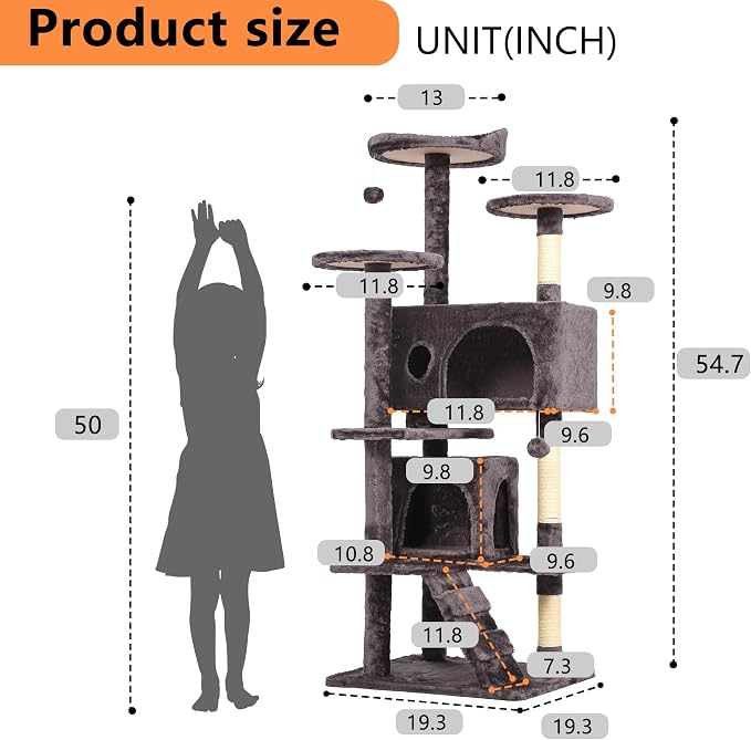 BestPet | 54" Cat Tree Tower | Purple Gray | Sturdy, Easy to Assemble, Multi-Level Activity Center with Sisal Scratching Posts, Condos, Perches, Hanging Cat Toys, Observation Decks & Ladder