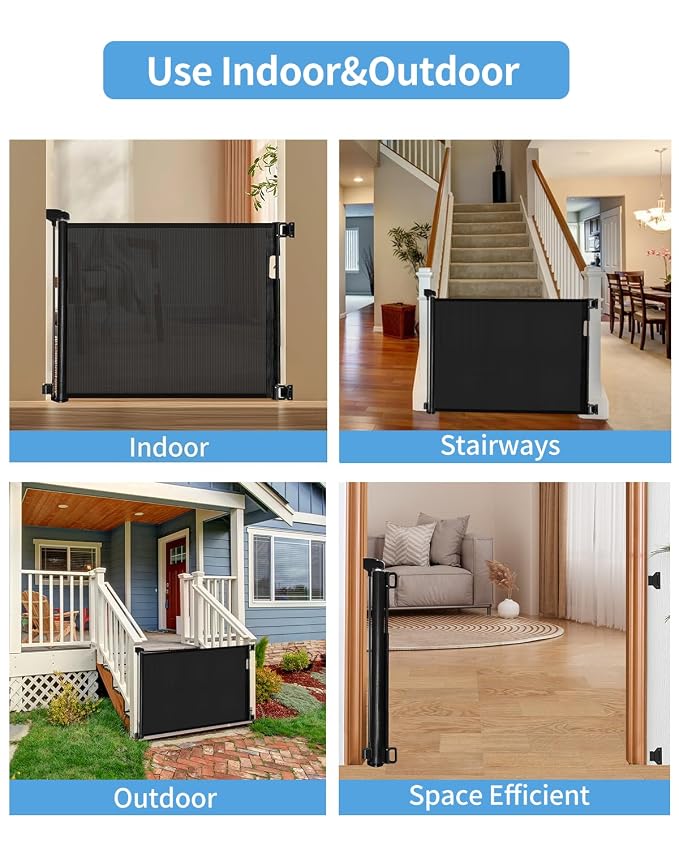 Veraste Retractable Baby Gate for Doorways and Stairs, Mesh Safety Gate for Pet, Indoor & Outdoor Use, One-Hand Operation, Easy Installation, 33.6" Tall, Expands to 55" Wide(Black,33.6"x55"
