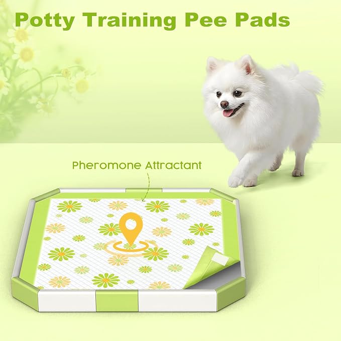 MIZOK Puppy Pads 100 Counts 22"x22" , Dog Pee Pads 6-Layer Super Absorbent & Leak-Proof, Daisy Pattern, 4-Corner Adhesive Tabs, Wee Wee Pads for Puppies & Small Dog Breeds