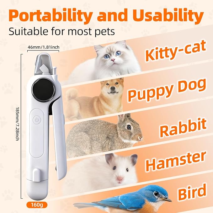Dog Electric Nail Clippers & Grinder with Light, Quiet Cats Nail Trimmer | Large Medium Small Dogs & Cats - Painless Grooming Tool, 3 Speeds, Rechargeable, Splash Guard & Safety Lock(White)