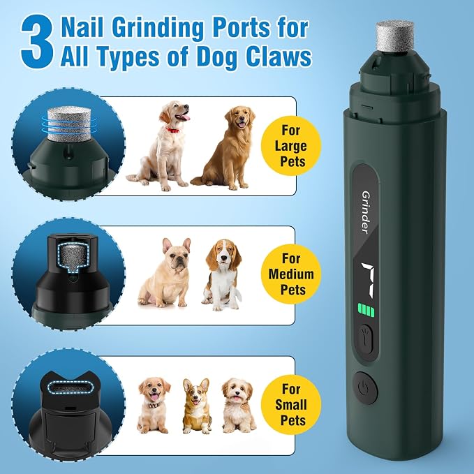 Dog Nail Grinder, Safe Electric Pet Nail Trimmer for Dog Grooming | 7-Speed Adjustable, Quiet Low Vibration, LED Light & Sponge Dust Collector, Painless Trimming, Storage Bag (Black & Green)