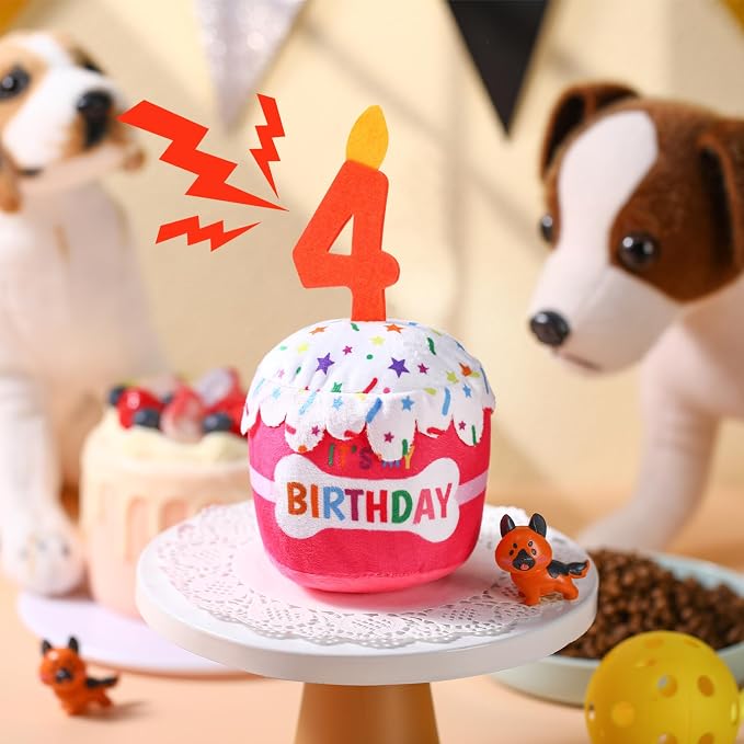 Dansydaisy Dog Birthday Cake Toy Squeaky Plush Toy for Girl Boy Gifts, Chew Accessories for Dog Birthday Party Decor Favor for Large, Medium and Small Dogs(4th,Pink)