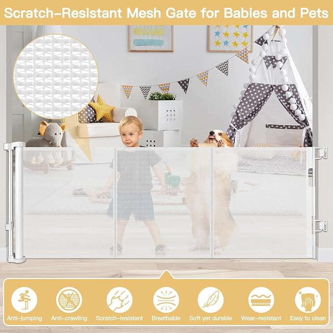 28" Tall Retractable Dog Gate, 80" Wide Reinforced Retractable Baby Gates with Support Rods, Walk Through Baby Gate Easy Step-Over Short Pet Gate Small Dog Gate, Puppy Gates for Doorways/Stairs, White