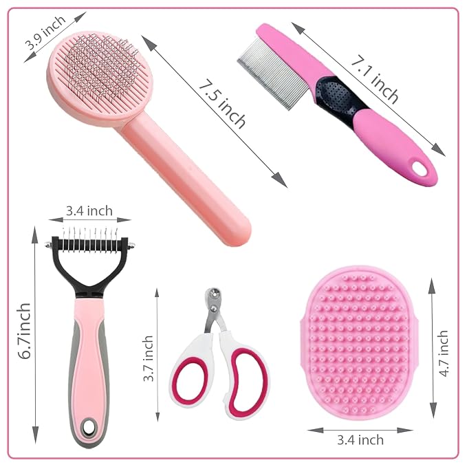 Grooming Kit for Indoor Long-Haired Cats - Self-Cleaning Brushes for Shedding and Matted Fur, Flea Comb Set, Pink