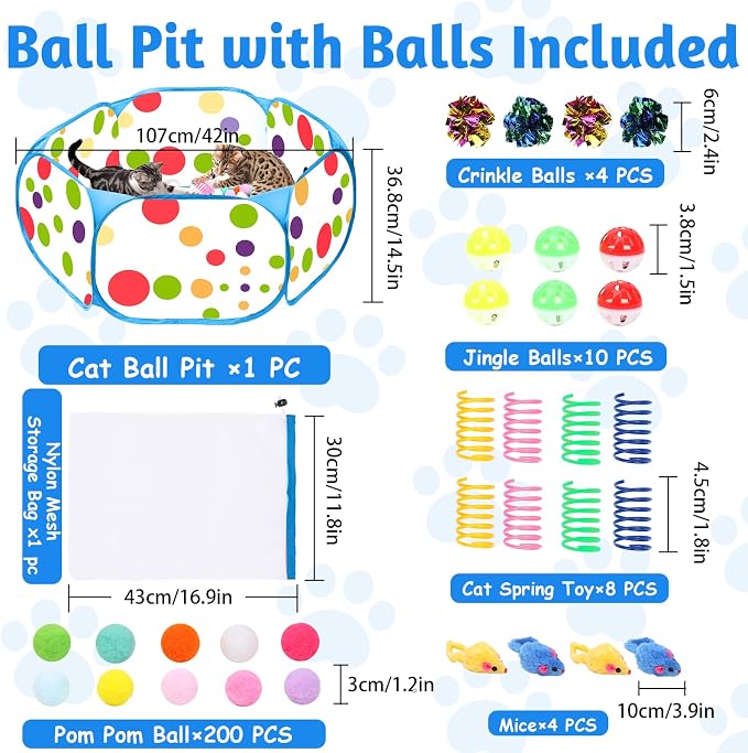 Cat Ball Pit for Cats, Include 226 Pcs Interactive Cat Toy for Indoor Kittens, Cat Enrichment Toys for Bored Indoor Cats Self Play Kitty Toys Bundle Pack Entertainment(Blue)