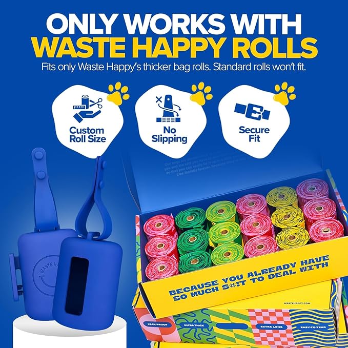 Dog Poop Bag Dispenser with 15 14" Bags Capacity – Blue Silicone Dog Poop Bag Holder for Leash | Durable, Portable & Refillable Waste Bag Case | Only Fits Waste Happy bags