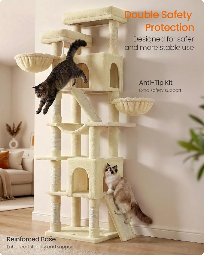 Feandrea Large Cat Tree, 81.1" Tall Sturdy Cat Tower for Indoor, Beige | Multi-Level Cat Condo with Sisal Scratching Posts, Hammock, Climbing Ladder, Easy to Assemble, UPCT021Y101S