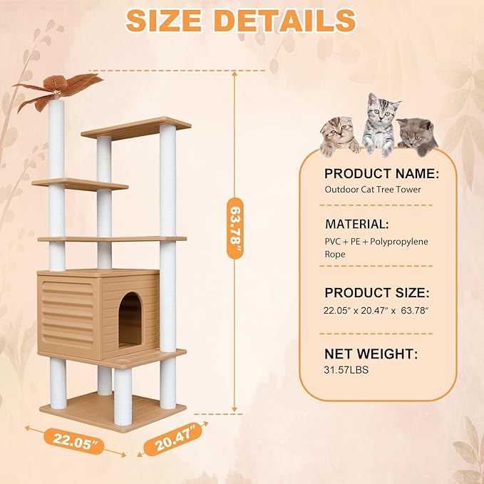 63in Outdoor Large Cat Tower,Weatherproof Multi-Level Design with Cat Condo | Khaki Heavy-Duty Cat Tree with Waterproof PE Panels,Durable Cat Scratching Posts,for Indoor and Outdoor Cat Houses CTT-6
