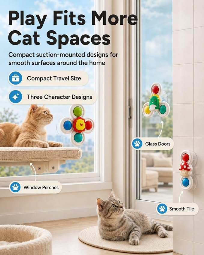 Cat Suction Cup Spinner Toy Colorful Balls Paw Activated Motion Indoor | Pets Window Perch Playmate Glass Mount 3 Designs Compact ABS Build Wipe Clean Surface Strong Grip(3sets)