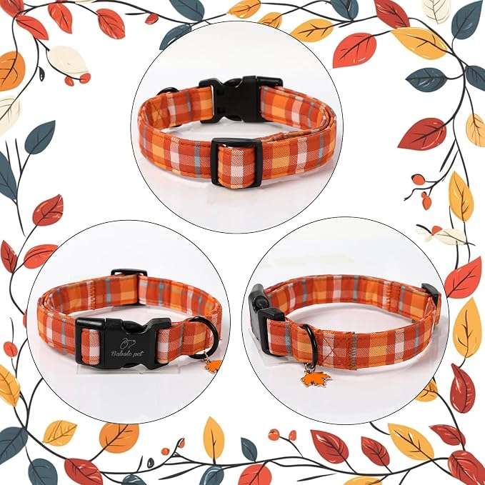 Fall Dog Collar Cute Orange Plaid Puppy Collar - Light Comfortable Adjustable Pet Collars for Small Medium Large Girl Boy Dogs XS