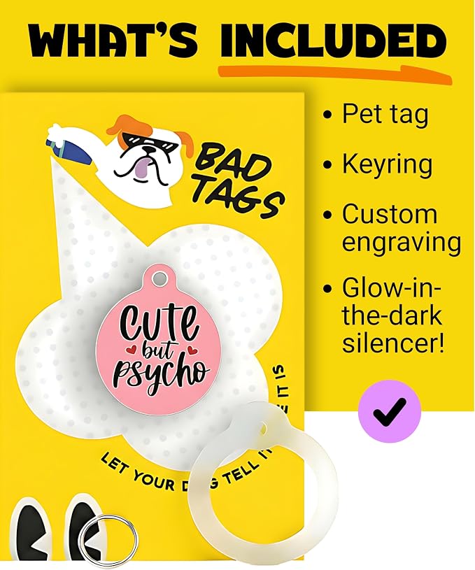 Bad Tags Personalized Dog and Cat ID Tags in 25+ Designs and 2 Sizes - 5 Lines of Custom Engraved Text - Funny Cute Personalized Pet Tags (Cute But Psycho, Small (1 inch))