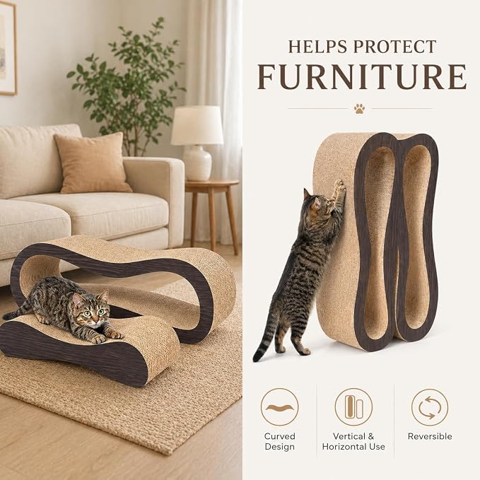 2 in 1 Large Cardboard Cat Scratcher Lounger,Cat Scratching Board for Indoor Cats,100% Recyclable&Reversible Horizontal Scratching Pads Prevents Furniture Damage,Brown