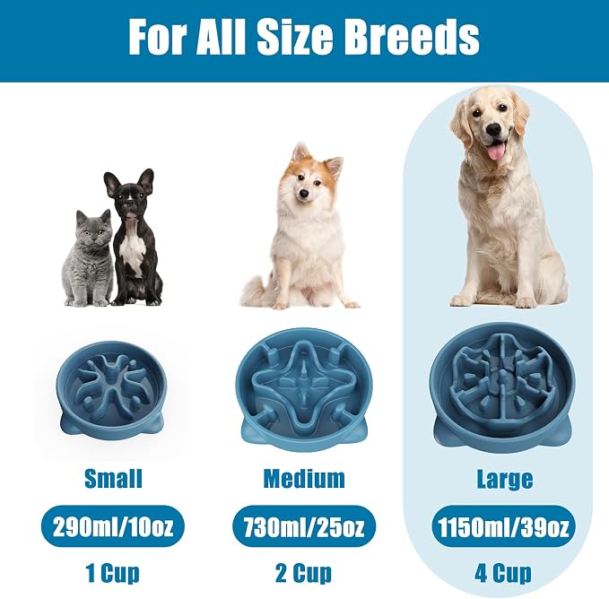 Slow Feeder Dog Bowls Large Breed, Dog Food Bowl Large Anti-Choking Bloat Stop Puzzle Healthy Eating Bowl (Blue, 4 Cup)