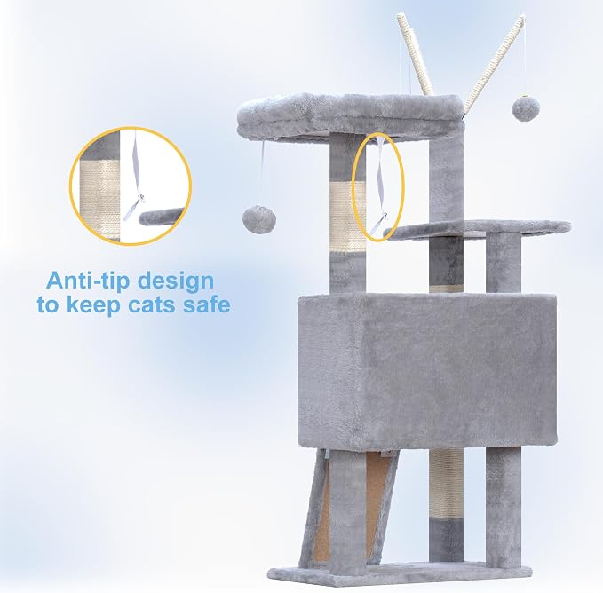Hey-brother Cat Tree Tower with Removable Toys, Scratching Posts, MPJ008SW | 41.3 Inches Plush Cozy Condo with Platform, Hammock, Sisal Scratch Board and Ball for Indoor Cats, Light Gray