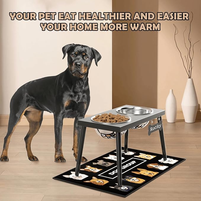 ADENGL Metal Raised Dog Bowl Stand for Large and Medium Dogs, Stronger Elevated Dog Bowls with Sprill Proof Mat, Pet Food & Water Bowls 10" Tall Dogs Feeder (58OZ-Stainless Steel Pet Bowl, Mat-16x24)
