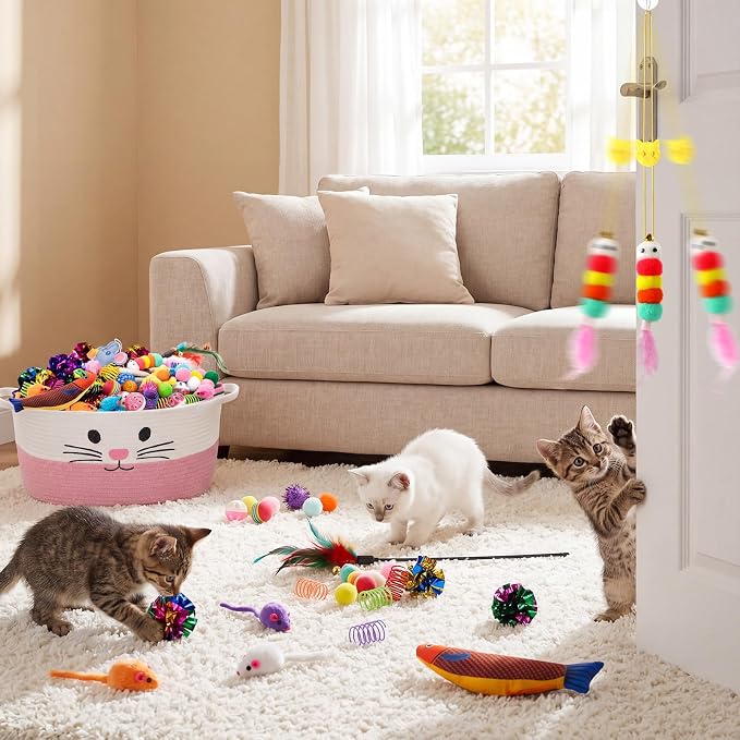 Leitee 15.2" X 10" X 8" 100 Pcs Cat Bed Storage Basket Gift Cat Variety Toys Set Cotton Rope Basket, Fish Mice Pet Bell Colorful Crinkle Balls Spring Toy for Kitten Swat Interactive (Basic,Pink,White)