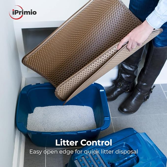 iPrimio Cat Litter Trapper Mat, Waterproof, Double Layer, 30" x 23", Brown | Double layer honeycomb traps scattered litter while the waterproof base blocks urine. Soft on paws and empties in one pour.