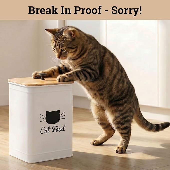 Metal Cat Food Container with Scoop 5-7 lb (25 Cup), w/ Airtight Bamboo Lid | Cat Kibble Canister with Metal Scoop, 25 Cups, Chew Proof Iron Body, Powder Coated, Airtight Bamboo Lid, Sturdy Metal Handle