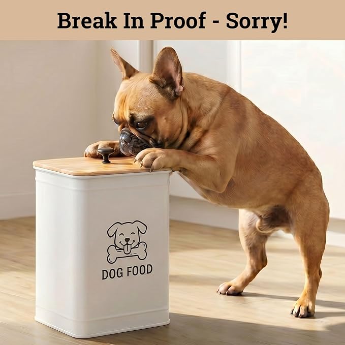 Metal Dog Food Container 5-7lb, 25 Cup w/ Airtight Bamboo Lid, Metal Handle | Pet Jar For Dogs up to 50lbs, Airtight Bamboo Lid, Sturdy Comfortable Metal Handle, Powder Coated Iron, Kibble Storage Bin