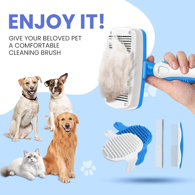 Self Cleaning Shedding Brush - 5-in-1 Professional Pet Grooming Kit Skin Friendly Grooming Tool for Dogs, Cats, and Puppies, Deshedding and Hair Removal for Long and Short Haired Pets(Blue-White)