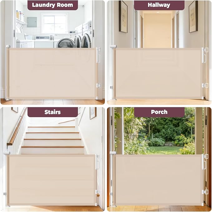 78" Retractable Extra Wide Baby Gates for Doorways, Long Mesh Dog Gate for Large Openings, Indoor Outdoor Pet Gate for Deck Porch Kitchens Hallways, 34" Height, Beige