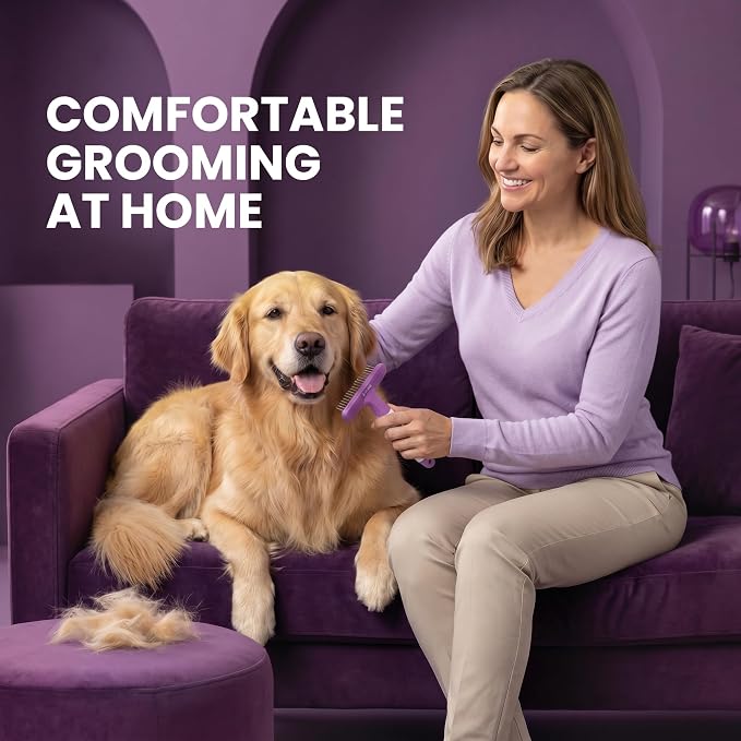 POODLIE Poodle Pet Dog Grooming Rake| Dematting Tool with Stainless Steel Shedding Comb for Pets | 2 Rows of Pins Gently Remove Loose or Tangled Hair from Undercoat | Purple Handle