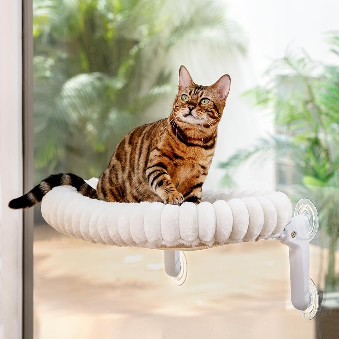 Sunhoo Foldable Cat Window Perch, Large Suction Cup Kitty Hammock, White | Windowsill Pet Bed for Cats Inside, Cordless Kitten Seat Supports 40 lbs, Soft Reversible Plush Cushion, Machine Washable