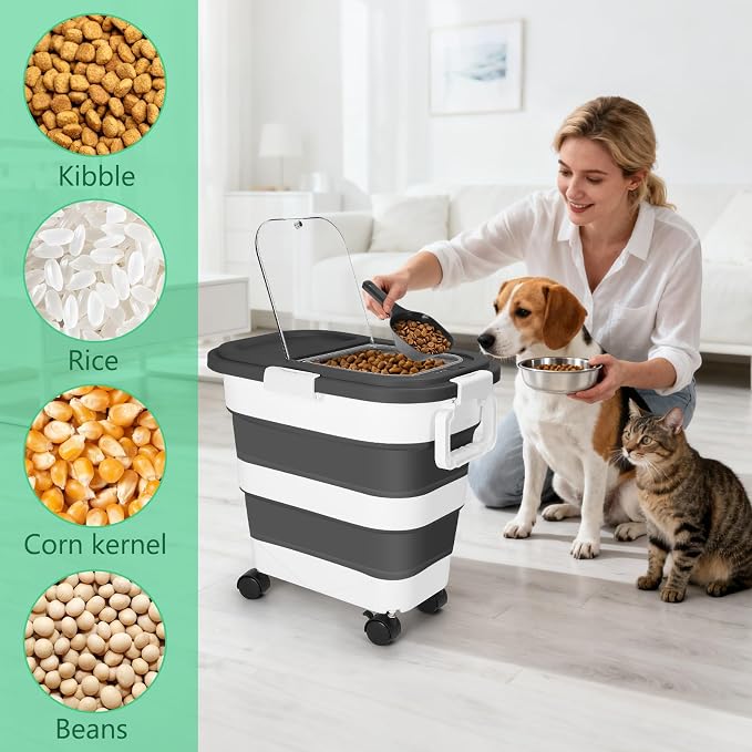 Dog Food Storage Container with Rolling Wheel and Airtight Lid, Black, 30LB | Foldable Food Storage Bins with Snap-Lid Seal to Keep Kibble, Pellets or Seeds Fresh for Dogs, Cats and Birds