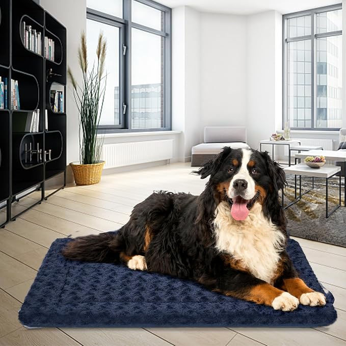 EMPSIGN Dog Crate Pad for 54"x37" Dog Crate, Plush/Canvas Navy | Reversible Kennel Mat (Cool & Warm), Machine Washable, Cozy Plush Sleeping Pad, All-Season Pet Bed