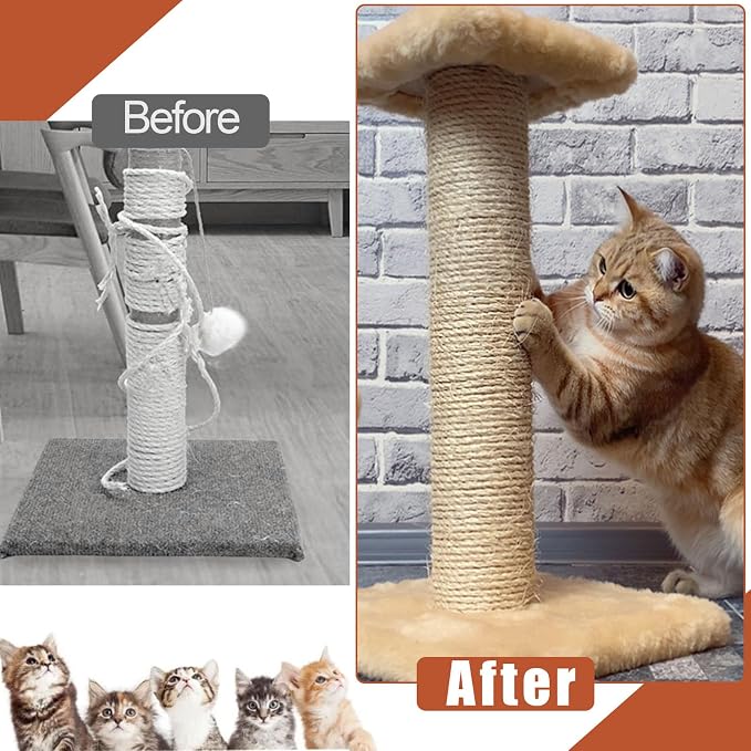 98FT/30M Natural Sisal Rope for Cat Scratching Posts, 6mm Thick Jute Hemp Cat Rope for Cat Tree Replacement, Cat Scratch Post Repair, DIY Projects, and Furniture Wrapping