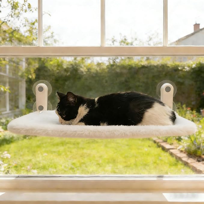 YGP No Drilling Cat Window Perch with 4 Strong Suction Cups | Foldable Heavy-Duty Metal Frame Space-Saving Fold-Down 40lbs Tested Hold Ultra-Soft Fleece Hammock for Cats