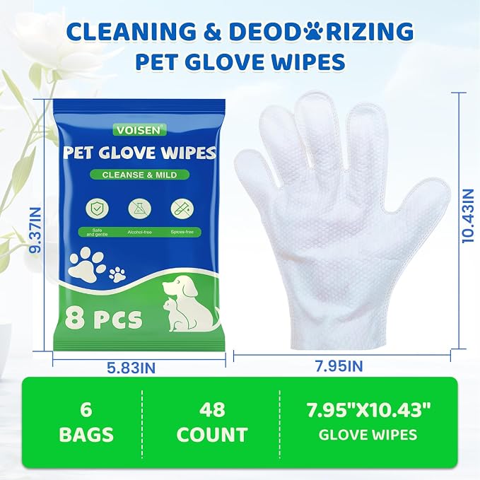 48 Pcs Pet Glove Wipes for Dogs, Pet Cleaning Gloves | Cleaning & Deodorizing Bathing Grooming Wipes,Unscented Thick Nourish Fur Glove Wipes for Pet Cleaning,Daily Care and Travel